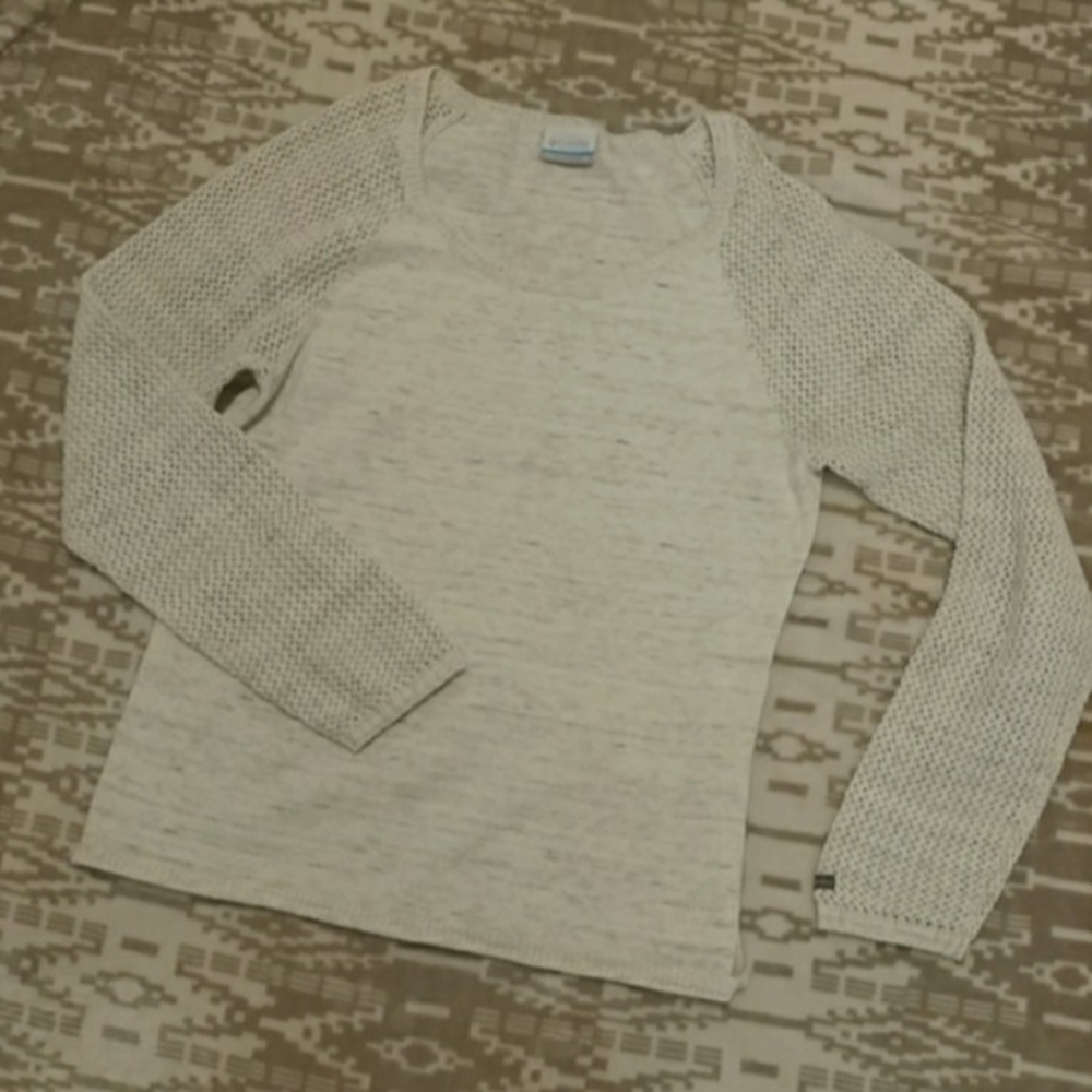 COLUMBIA Pullover Cream & Gray Heather Sweater w/ Waffle Knit Sleeves XS